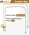 Water heater pilot assembly for LP propane with copper tubing and thermocouple; front view, 24 in length, 22 in tubing.