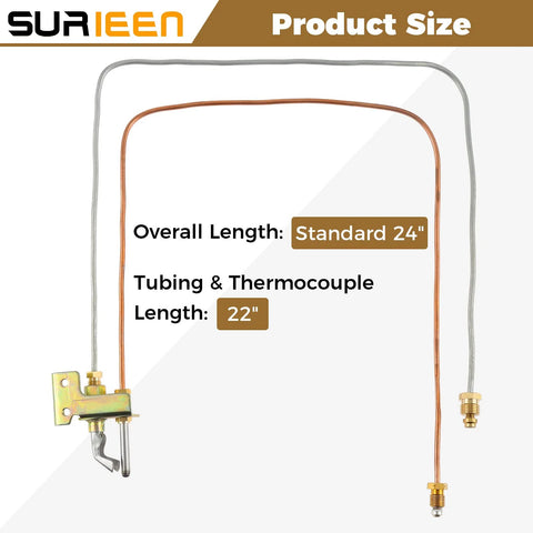 Water heater pilot assembly for LP propane with copper tubing and thermocouple; front view, 24 in length, 22 in tubing.
