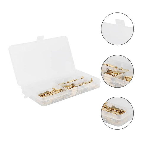 Real Deal M3 Brass Hex Standoff Screw And Nut Assortment Kit For PCB Circuit Boards Mounting Hardware in a clear storage box.