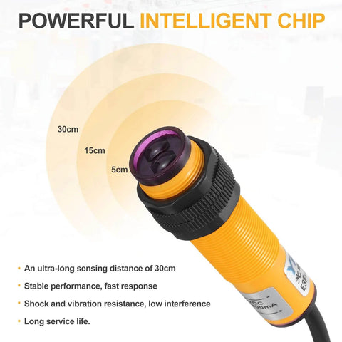 Industrial M18 Photoelectric Sensor With 30cm Diffuse Beam, 6-36V DC, NPN NO, for Machinery & Automation Setup