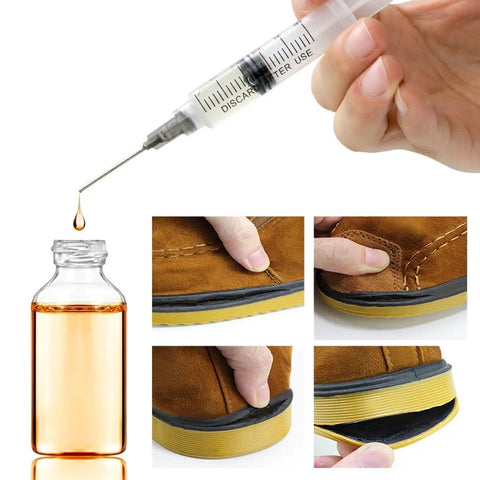 Person using Pro Grade Glue Applicator Syringe Kit With 14G 16G And 18G Blunt Tip Needles for shoe repair and liquid dispensing