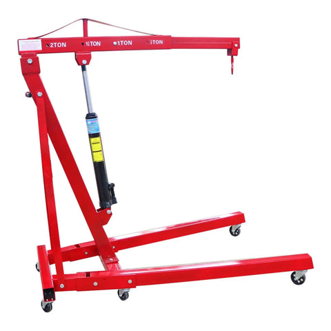 Foldable 2 Ton Engine Hoist With Extendable Boom And Integrated Oil Pump, Straight Shooter Heavy Duty Lifter shown from the side.