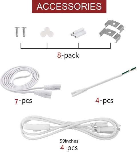Accessories for Eight Pack Two Foot LED Shop Lights 6500K 10W 1100LM Linkable with frosted cover and switch, includes brackets and cables.