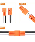 Three-step guide for Six Pack E26 Light Socket Adapter Pigtail For LED Ceiling Downlights with orange connector assembly