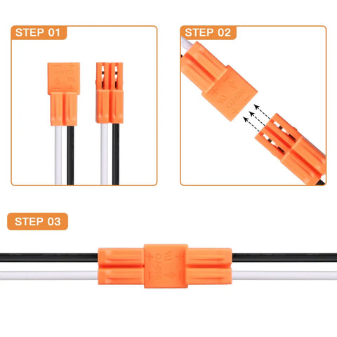 Three-step guide for Six Pack E26 Light Socket Adapter Pigtail For LED Ceiling Downlights with orange connector assembly
