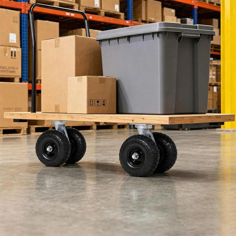 10 Inch Dual Wheel Pneumatic Swivel Caster With Twin Air Tires on a utility cart holding boxes and a gray container.