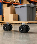 Built To Last 10 Inch Dual Wheel Pneumatic Swivel Caster Heavy Duty 660 Lb Load Capacity with cart, gray bin, and cardboard boxes.