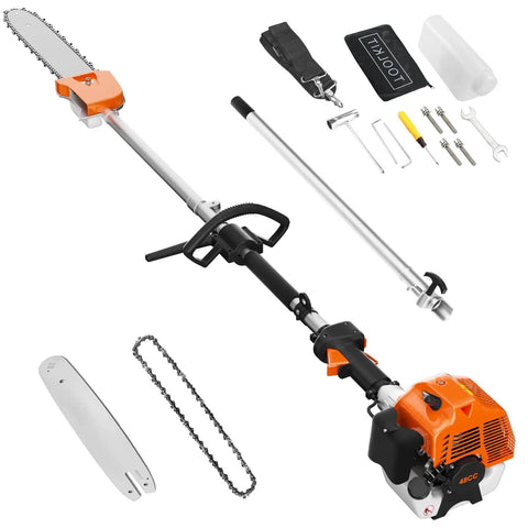Gas Powered Pole Saw With 48cc 2 Stroke Engine, 11.5 Inch Cutting Bar, 16 Foot Reach with accessories for tree trimming.