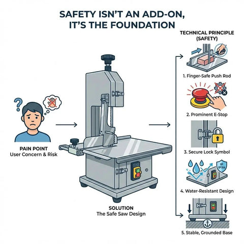 Safety features of Heavy Duty Commercial Electric Bone Saw With Stainless Steel Table And Eight Replacement Blades 2500W Meat Bandsaw.