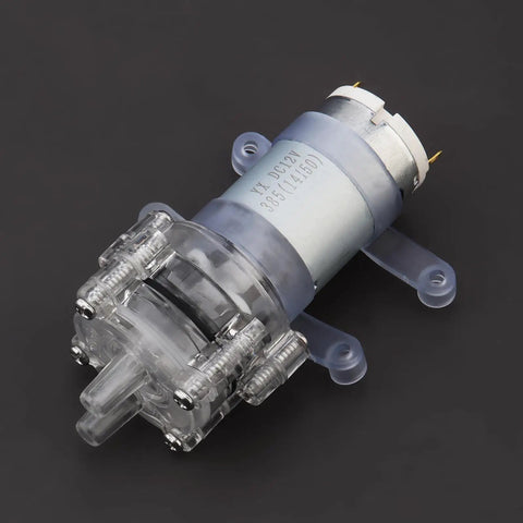 Compact Mini DC Water Pump Self Priming Diaphragm Motor 6 To 12V shown with clear housing for various DIY projects