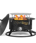 Smokeless 24 Inch Portable Propane Fire Pit With Grill Grate And Lid 60 000 BTU Outdoor Firepit set up with flames on a patio