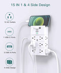 12 Outlet Surge Protector Wall Mount Power Strip With 3 USB Ports Including 1 USB C, 4 Sided Outlet Extender on wall with cables