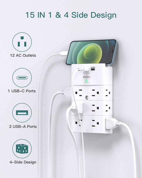 12 Outlet Surge Protector Wall Mount Power Strip With 3 USB Ports Including 1 USB C, 4 Sided Outlet Extender on wall with cables