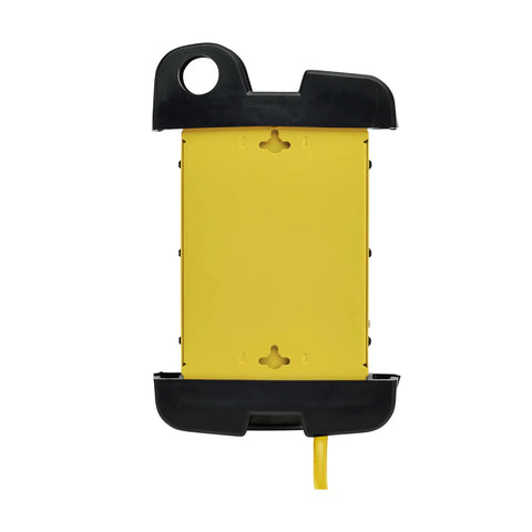 Garage-Grade Heavy-Duty Power Strip With GFCI, yellow metal housing, keyhole mount visible, ideal for industrial workbench setup.