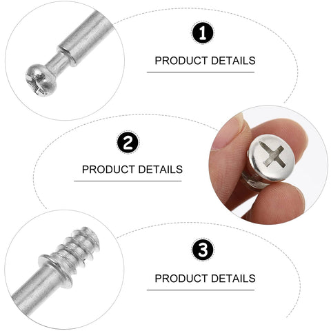 Close-up of hardware in Two In One 50 Pack 28mm Alloy Furniture Connectors Kit with Cam Lock Fittings and Pre Inserted Nuts and Bolts.