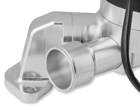 Close-up of Beefy Billet Aluminum Electric Water Pump, showing inlet and outlet fittings for efficient engine cooling.