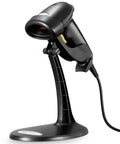 Wired Barcode Scanner With Adjustable Stand And Auto Sensor 1D USB Laser Scanner For Windows Mac Linux Plug And Play Handheld Barcode Reader For Store Supermarket Warehouse Library on stand.