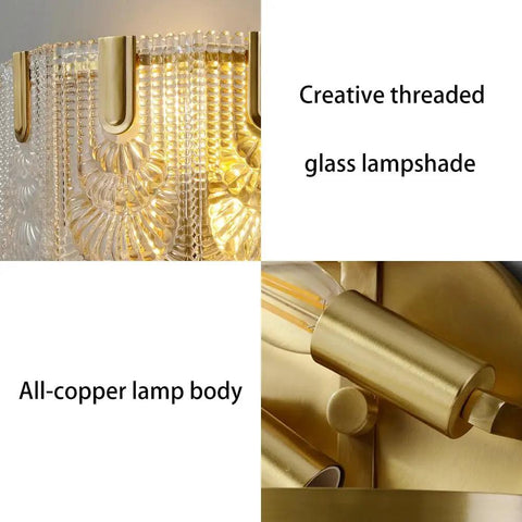 Wall Sconce Lights Indoor Bedroom Hallway Modern Art,Gold Brass,Layered Clear Textured Shell Glass Shade,s,for Living Room,Foyer with creative glass lampshade and all-copper body.