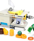 Badass Mini Lapidary Saw And Gem Grinder Polisher With Flexible Shaft, and detailed gem pieces on surface.