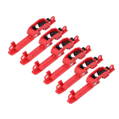 Six Piece Circuit Breaker Lockout Tool Kit With Serrated Jaws For Electrical Safety Lockout Tagout System displayed on white background