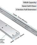 Soft Close Drawer Slides 16 Inch Set For Cabinets Heavy Duty Side Mount Ball Bearing 3-Section Full Extension 100LB Capacity