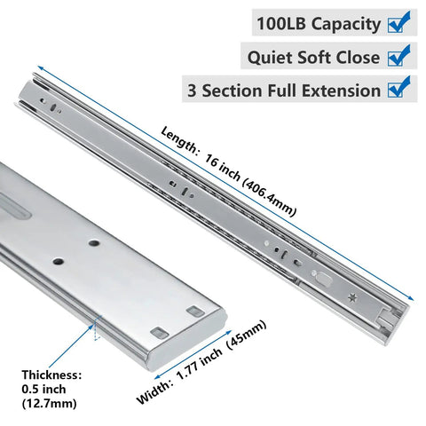 Soft Close Drawer Slides 16 Inch Set For Cabinets Heavy Duty Side Mount Ball Bearing 3-Section Full Extension 100LB Capacity