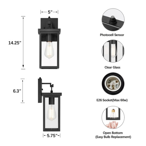Dimensions and features of Two Pack Outdoor Wall Lanterns With Dusk To Dawn Sensor And Photo Sensor for entryway and patio use