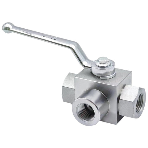 3-way high-pressure hydraulic ball valve, 1/2 in NPT, lever-operated, silver metal body
