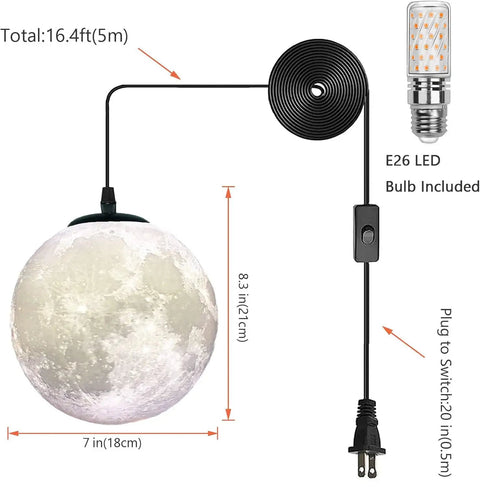 Resin Moon Pendant Lamp With Plug In Adjustable Cord 3D Printed Hanging Ceiling Light Fixture For Home Office Bar Cafe E26 Socket