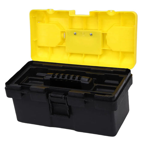 13 Inch Plastic Toolbox With Secure Locking Latch Ergonomic Handle Detachable Tray And Padlock Ready Design open view
