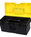 Open Rugged 13 Inch Plastic Tool Box With Secure Locking Latch And Removable Tray, yellow lid, black base