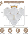 Modern Flush Mount Glass Ceiling Light In Gold Finish with geometric round glass shades, 4 light UL listed, dimensions shown