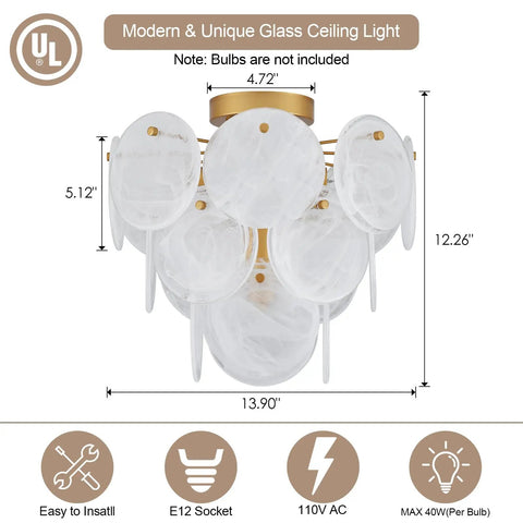 Modern Flush Mount Glass Ceiling Light In Gold Finish with geometric round glass shades, 4 light UL listed, dimensions shown