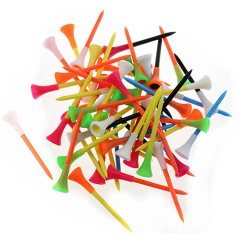 Pile of Rubber Cushioned Top Plastic Golf Tees Mixed Colors Pack Of Fifty, 3.25 Inch Tees Built For Durability And Smooth Tee Shots