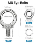 M6 eye bolts dimensions with stainless steel nuts and washers, 20 Pack Stainless Steel M6 Eye Bolts With Nuts And Washers For Lifting