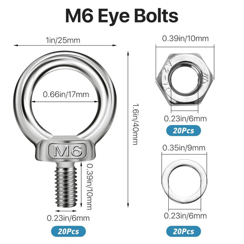 M6 eye bolts dimensions with stainless steel nuts and washers, 20 Pack Stainless Steel M6 Eye Bolts With Nuts And Washers For Lifting