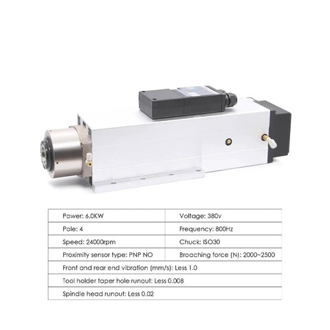 Heavy Duty 6Kw CNC Router Spindle With Automatic Tool Changer Air Cooled Motor Dual Voltage 220V And 380V, showing side view and technical specifications.
