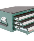 Three Drawer Mid Riser Cabinet With Ball Bearing Slides In Green Powder Coated Finish showing opened drawers and side handle