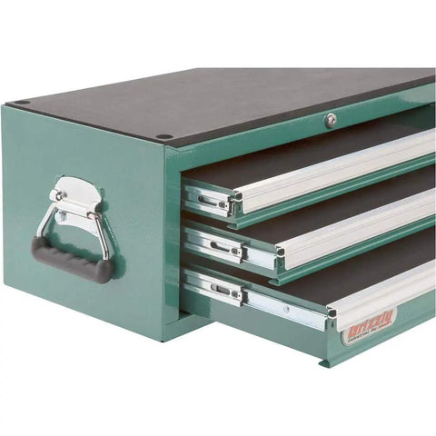 Three Drawer Mid Riser Cabinet With Ball Bearing Slides In Green Powder Coated Finish showing opened drawers and side handle
