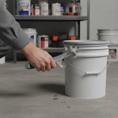 Heavy Duty Tough As Nails Multi Function Paint Pail Opener Alloy Drum Wrench opening a white paint bucket's lid.