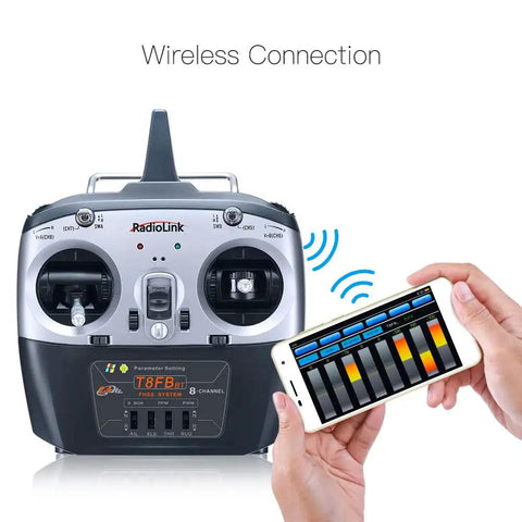 8 Channel 2.4GHz RC Remote Transmitter with R8EF Receiver shown with smartphone app parameter setup, dual stick controller, Mode 2
