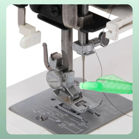 Sewing Machine Needle Threader Set For Fast Auto Threading, green tool in use on sewing machine needle for quick loop threading