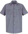 Men's Micro Check Short Sleeve Work Shirt, Heavy Duty Industrial Auto Mechanic Uniform, Stain Resistant Poly Cotton Blend, Dual Pockets Button Closure.