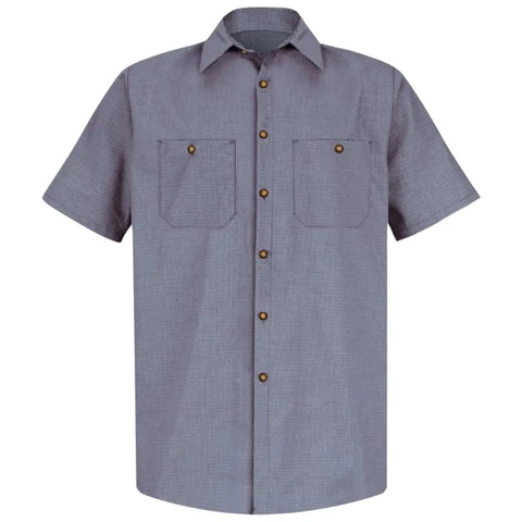 Men's Micro Check Short Sleeve Work Shirt, Heavy Duty Industrial Auto Mechanic Uniform, Stain Resistant Poly Cotton Blend, Dual Pockets Button Closure.