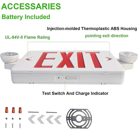 Red LED Exit Sign With Emergency Lights, Dual Head, UL Listed 120-277V, Fire Rated ABS, Wall Mount Accessories Shown