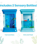 Ocean Sensory Bottles Fidget Toys For Kids 3 To 5 featuring Fast and Slow, Sink and Float bottles on a white background.