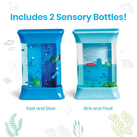 Ocean Sensory Bottles Fidget Toys For Kids 3 To 5 featuring Fast and Slow, Sink and Float bottles on a white background.