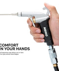 Hand holding high flow air blow gun with three piece pneumatic nozzle kit for dust debris and wet spills, pro grade shop essential