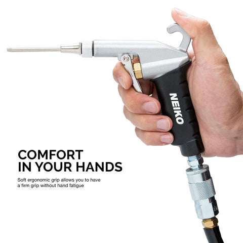 Hand holding high flow air blow gun with three piece pneumatic nozzle kit for dust debris and wet spills, pro grade shop essential