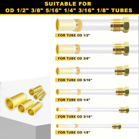 Brass compression tube inserts and ferrules set, 236 pcs, for OD tubing 1/2, 3/8, 5/16, 1/4, 3/16, 1/8 in (front)